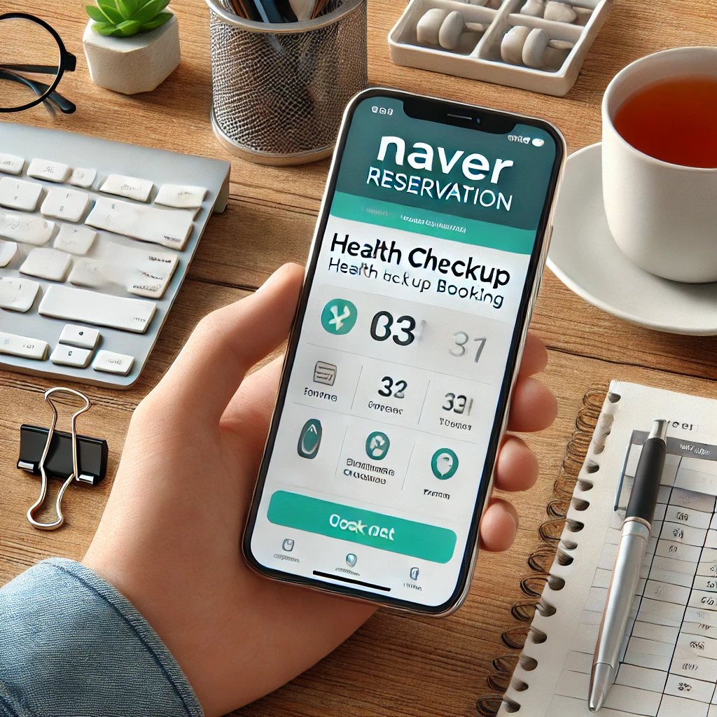 스마트폰 화면에 네이버 예약 앱의 건강검진 예약 인터페이스가 보이는 모습. 깔끔하게 정돈된 책상 위에 손으로 들려 있으며&amp;#44; 주변에는 차와 문구류가 배치되어 간편함과 효율성을 강조함