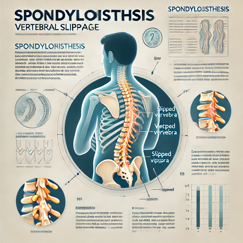 "척추전방전위증을 설명하는 의료 인포그래픽, 척추의 미끄러진 뼈(전위된 척추)를 강조한 해부학적 다이어그램"