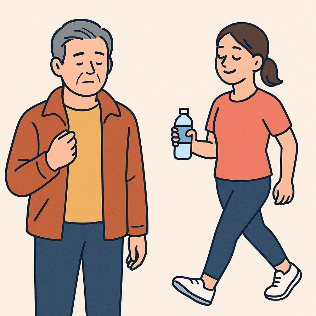 중년 남성이 가슴을 짚으며 불편함을 느끼고, 젊은 여성이 물을 들고 건강하게 걷고 있는 심혈관질환 대비 일러스트