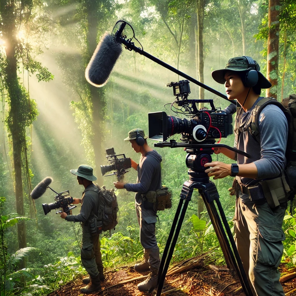 다큐멘터리 감독들이 숲속에서 촬영하고 있는 사진