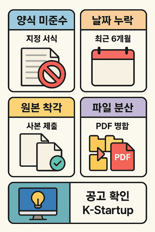 스타트업 정부지원금 신청 과정에서 자주 발생하는 양식 미준수, 날짜 누락, 원본 착각, 파일 분산 문제와 K-Startup 공고 확인 팁을 담은 자료