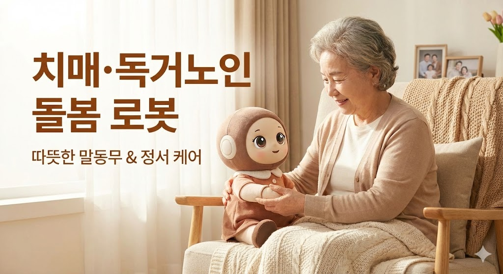 따뜻한 햇살이 드는 거실에서 할머니가 귀여운 AI 돌봄 로봇 인형과 눈을 맞추며 행복하게 웃고 있는 감성적인 썸네일