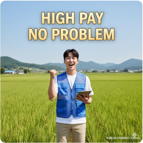 'HIGH PAY NO PROBLEM' 문구와 함께 농촌 들판에서 환하게 웃는 한국인 청년 모델이 조사원 조끼를 입고 태블릿을 들고 있는 모습의 이미지입니다.