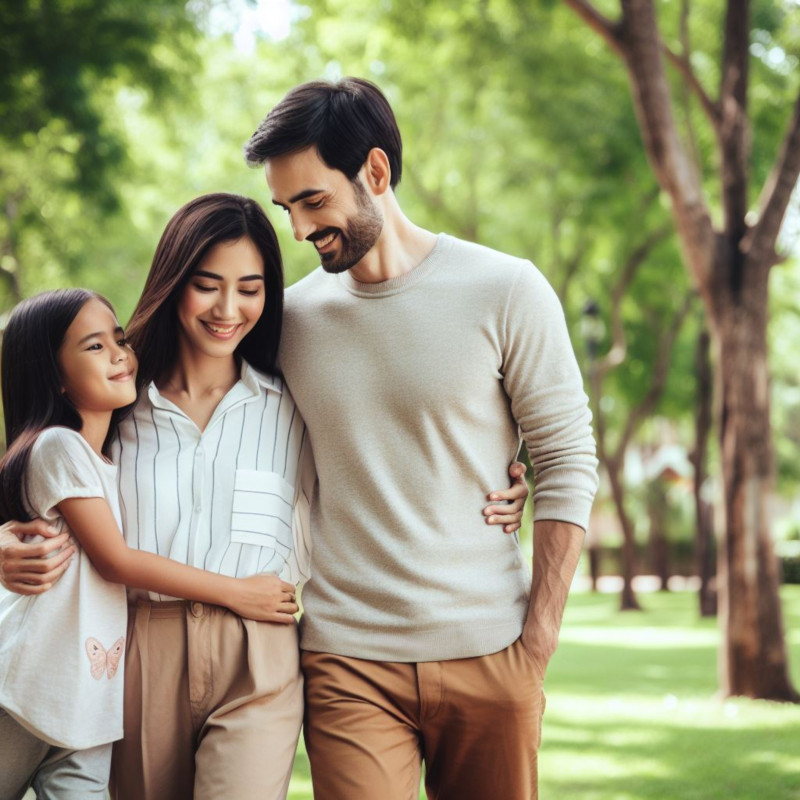 가족들과 공원에서 산책하는 40대 아빠