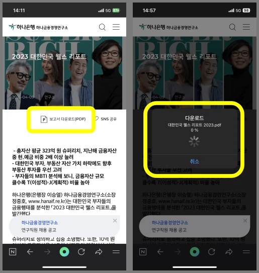 보고서를 다운받을 수 있는 버튼의 위치와 다운로드 되는 장면을 확인할 수 있도록 안내하는 사진