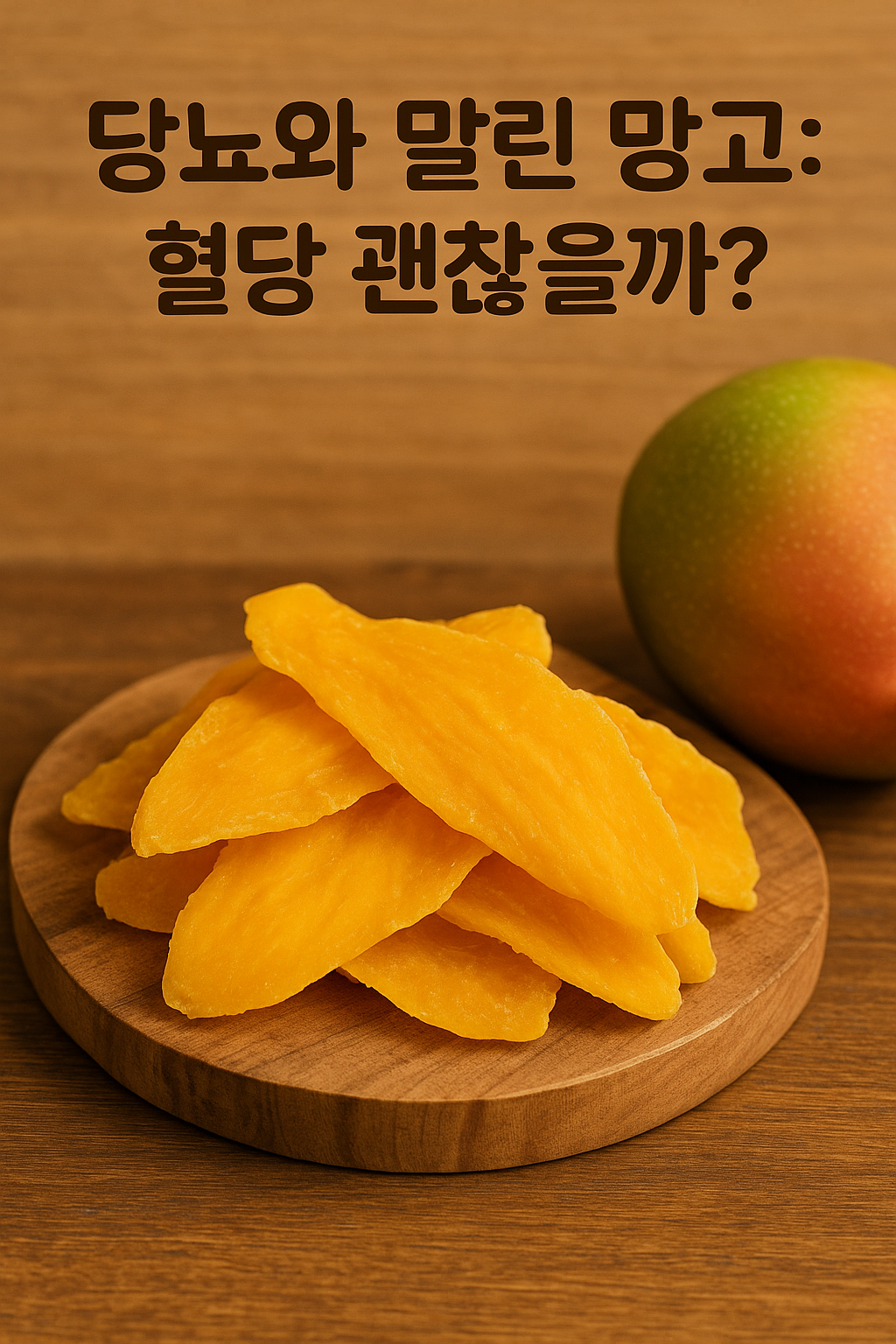 실사풍 말린 망고 사진과 &ldquo;당뇨와 말린 망고: 혈당 괜찮을까?&rdquo; 문구가 있는 썸네일 이미지로, 당뇨 환자의 건과일 섭취와 혈당 관리 정보를 나타냄