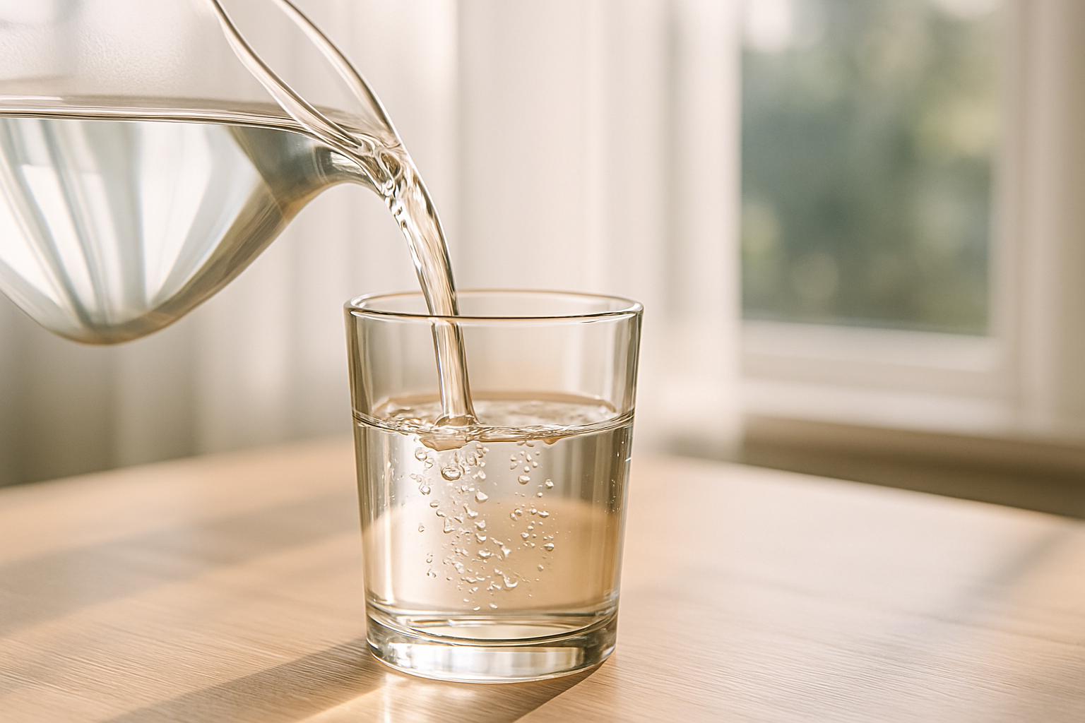 투명한 유리볼에서 유리잔으로 물을 따르는 클로즈업 장면