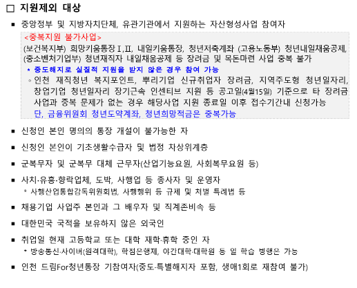 드림 For 청년통장 지원 제외 대상