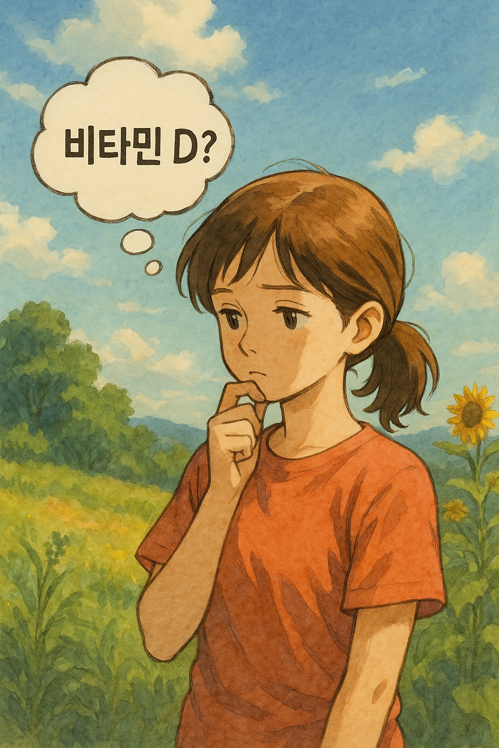 비타민 D 관련 제품 광고들에 고민하는 장면