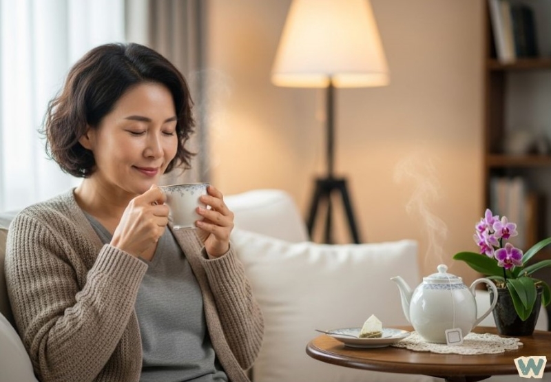 편안한 실내에서 차를 마시며 여유로운 시간을 보내는 중년 여성의 모습 via canva