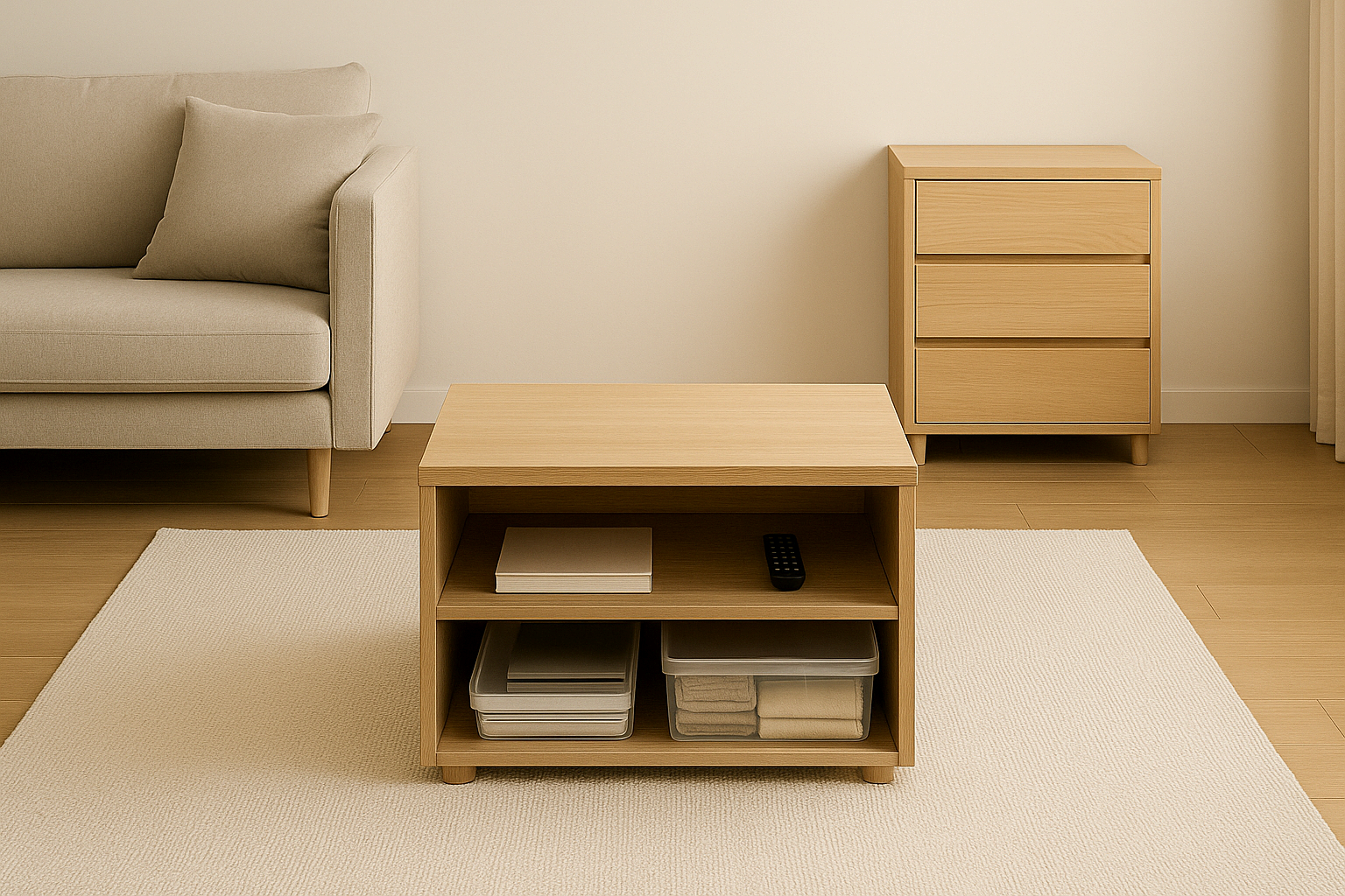 거실 중앙에 낮은 수납형 테이블과 낮은 서랍장이 배치된 모습