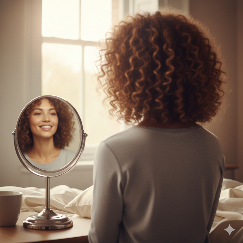 아침에 일어나 거울 속 탱글탱글한 컬을 보며 만족스럽게 웃고 있는 여성의 뒷모습