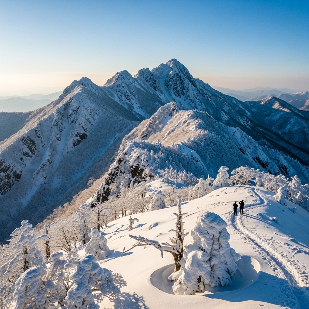 2025년 겨울, 눈 덮인 산봉우리와 상고대가 빛나는 국내 설경에서 스노우 트레킹을 즐기는 사람들의 모습. 파란 하늘과 대비되는 하얀 설산의 장엄한 풍경
