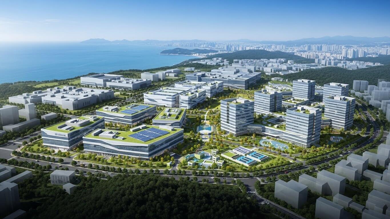 여러사이즈의 건물들이 바닷가주의에 있다