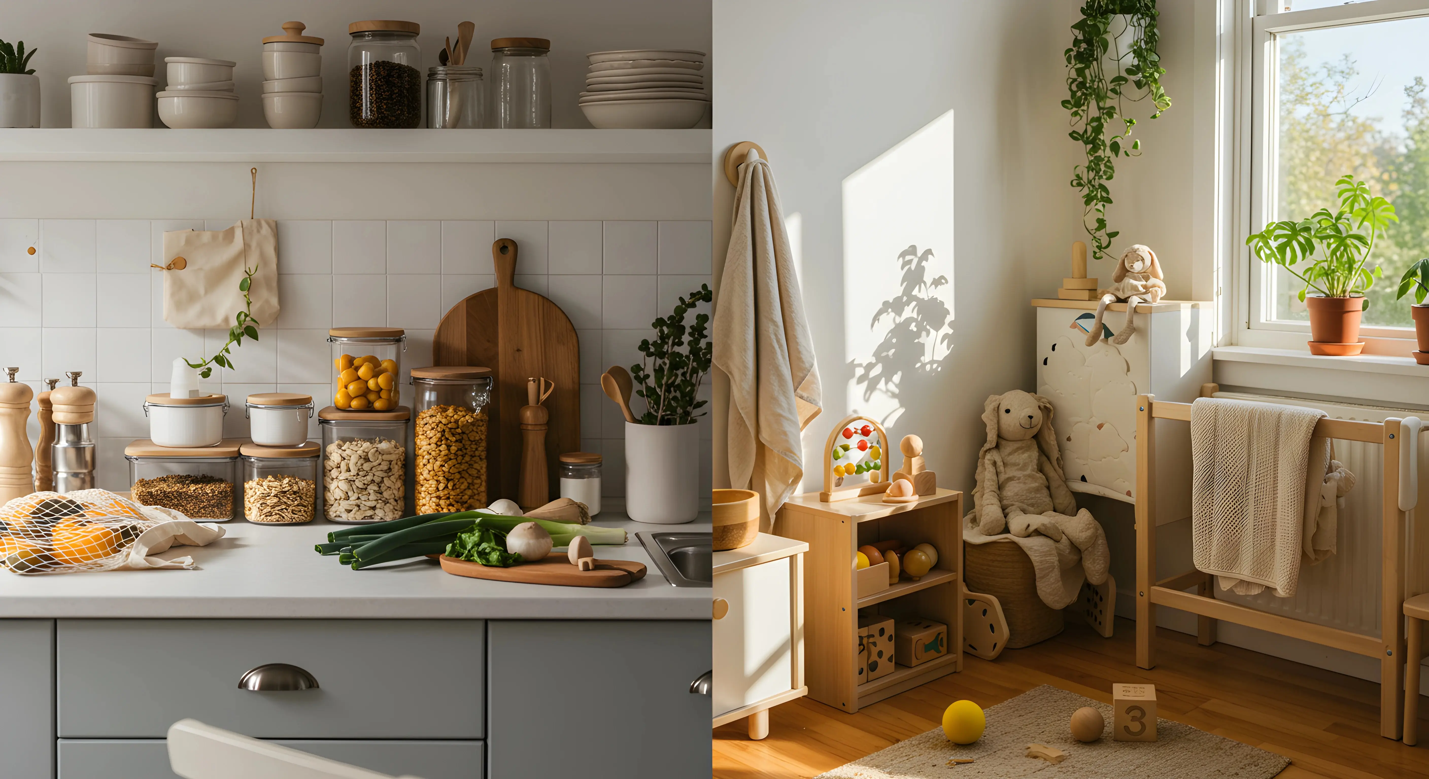 환경호르몬 없는 건강한 생활공간: 왼쪽은 유리와 나무로 만든 용기, 자연 식재료가 있는 친환경 주방, 오른쪽은 자연 소재 장난감과 유기농 면 침구가 있는 아이방으로 구성된 안전한 생활환경