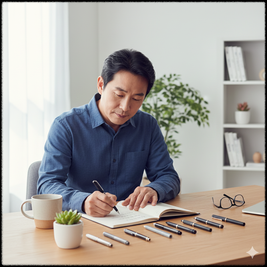중년 남성이 취미와 기술 목록을 써보며 생각 중인 모습