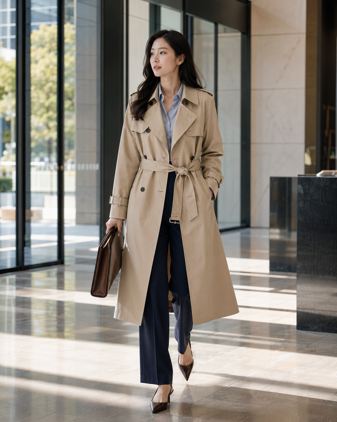 중요한 미팅이 있는 출근룩이라면: 트렌치코트에서 형태&middot;비율&middot;활용 포인트의 차이를 비교한 이미지입니다.