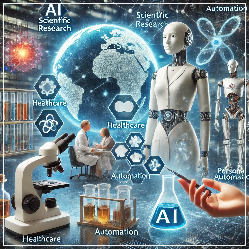 AGI가 다양한 분야에서 활용되는 모습을 나타낸 이미지.