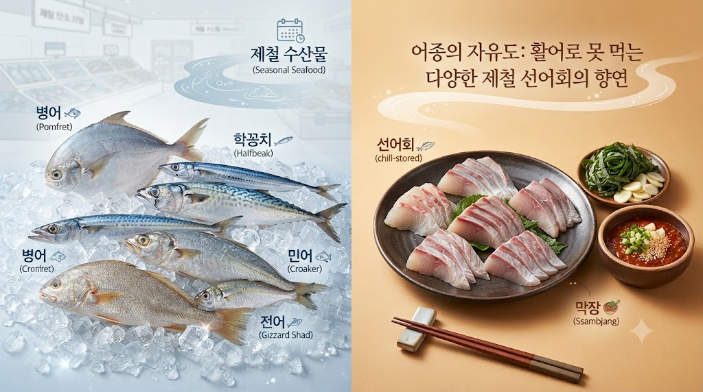 '어종의 자유도'를 보여주는 먹음직스러운 음식 사진 일러스트입니다. 활어로는 유통이 까다로워 보기 힘든 병어, 학꽁치, 삼치, 민어, 전어 등이 얼음 위에 신선하게 누워있고, 그 옆으로 먹기 좋게 썰린 이들 선어회 한 접시가 맛깔스러운 막장과 함께 놓여 있습니다. 제철에만 맛볼 수 있는 다양한 선어회의 매력을 시각적으로 강조했습니다. (푸드 일러스트)