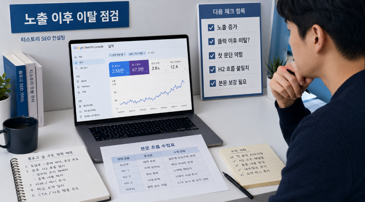 티스토리 블로거가 구글 서치 콘솔 노출 증가 이후 방문자 체류가 약한 글의 첫 문단과 H2 흐름을 점검하는 이미지