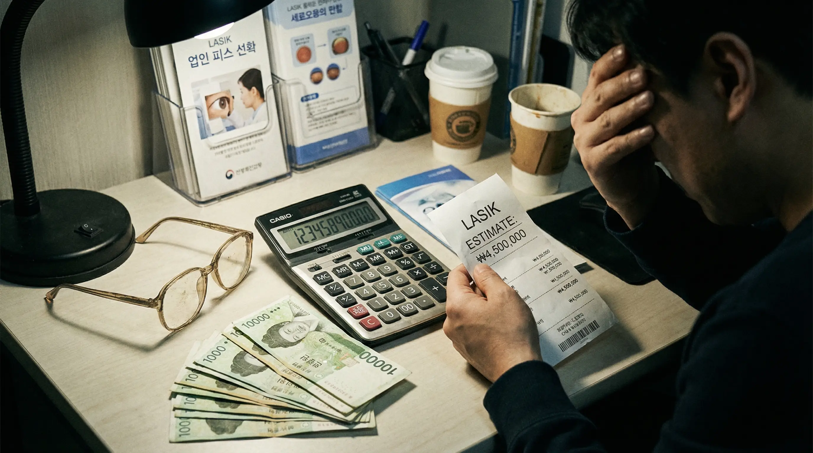 계산기와 안경, 그리고 돈다발이 책상 위에 놓여 있는 모습, 시력 교정 비용의 부담을 표현