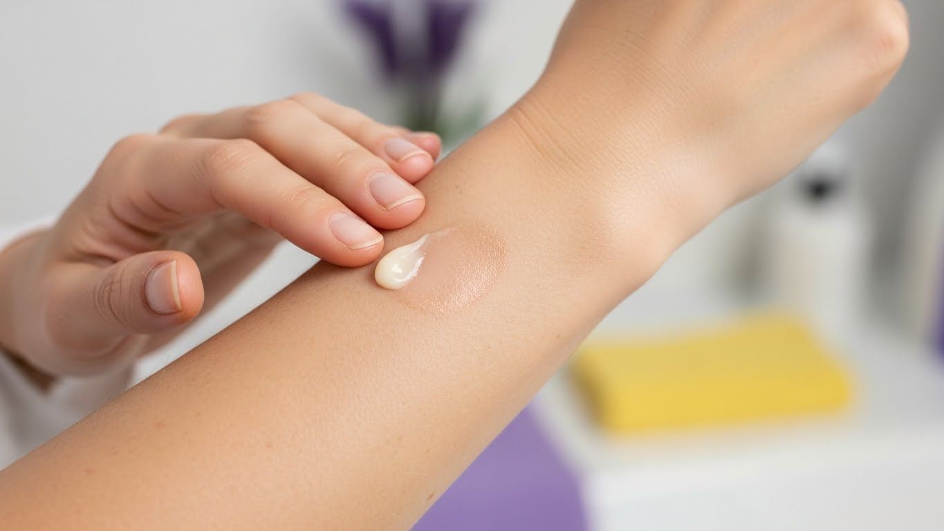 팔뚝의 건조하고 약간 붉은 피부에 풍부하고 크리미한 밤을 부드럽게 바르는 사람의 클로즈업 사진입니다.