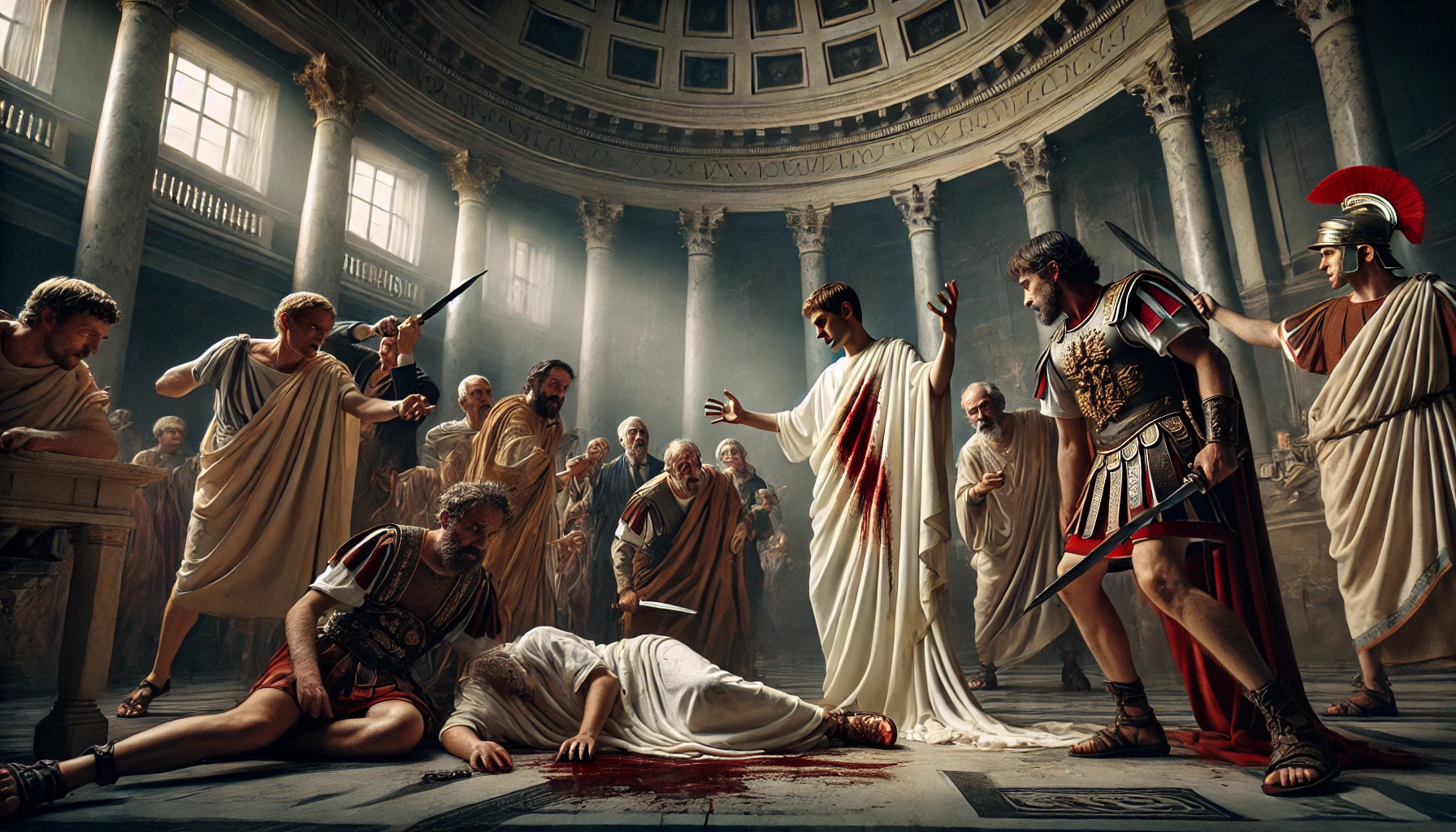 카이사르는 원로원 의원들, 특히 마르쿠스 유니우스 브루투스가 이끄는 음모에 의해 암살당했습니다.