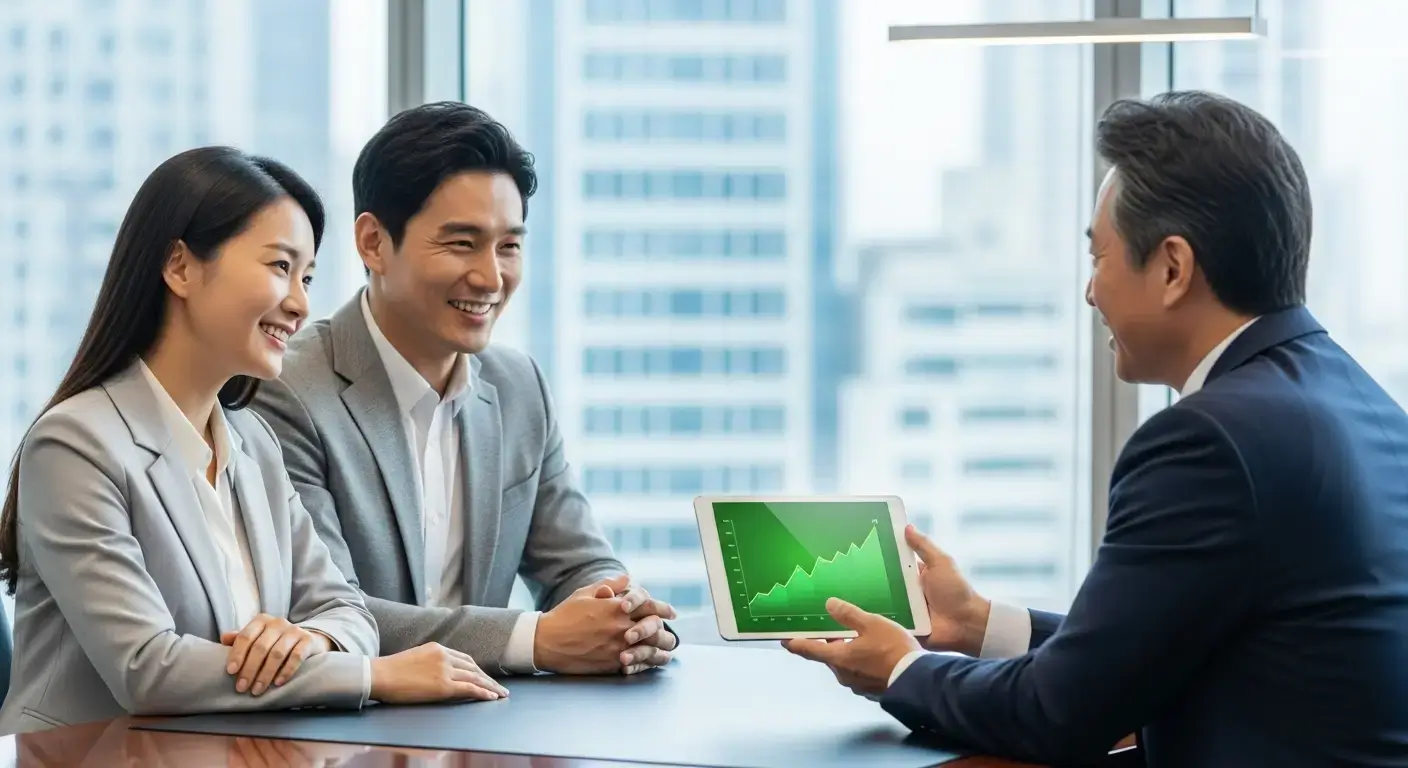 전문가와 함께 기존 주택 처분 및 대출 자금 계획을 확정하고 안심하는 한국인 부부