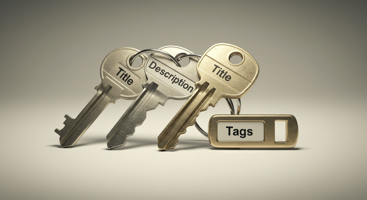 주의&middot;기대&middot;검색을 여는 세 가지 열쇠로 제목&middot;설명&middot;태그의 역할을 상징한 개념 이미지