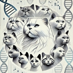 스코티시폴드의 접힌 귀, 샴의 뾰족한 얼굴, 페르시안의 복슬복슬한 털, 벵갈의 탄탄한 실루엣 등을 라인드로우 형태로 정교하게 배치하였고, 배경에는 DNA 나선의 흐릿한 윤곽이 은은하게 깔려 있어 유전적 특성이라는 주제를 시각적으로 전달하는 썸네일