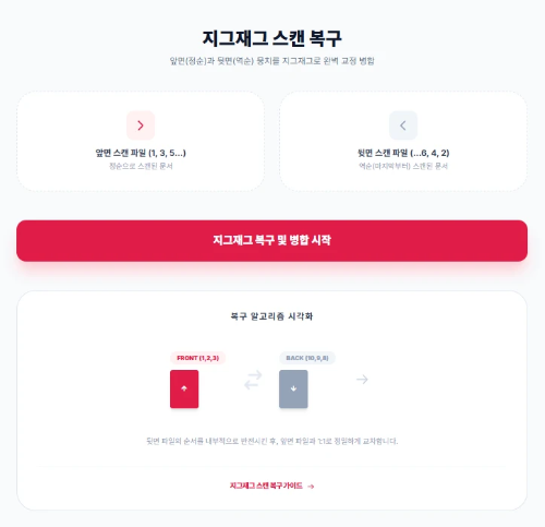 "Max-PDF 지그재그 스캔 복구 도구의 메인 업로드 화면. 앞면 스캔 파일과 뒷면 스캔 파일을 각각 등록할 수 있는 직관적인 인터페이스와 복구 알고리즘 시각화 안내."