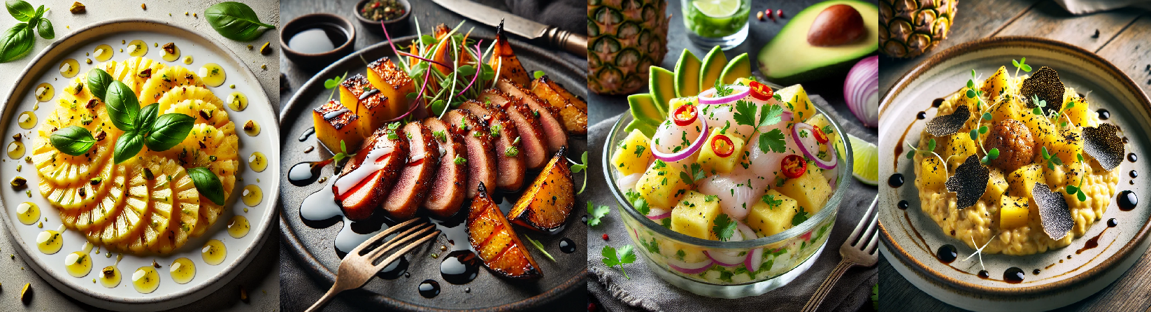 파인애플 요리(카르파초, 글레이즈드 오리가슴살, 세비체, 트러플 리조또)