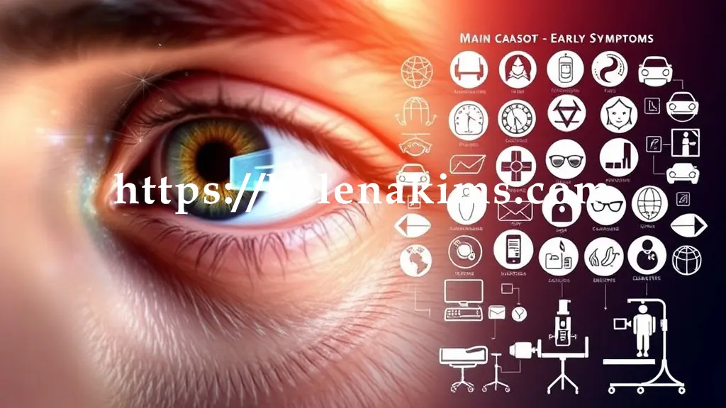 중앙의 사람 눈을 중심으로, 왼쪽은 흐릿하고 번져 보이는 시야, 빛 번짐 등 백내장 초기 증상을 표현, 오른쪽은 노화, 자외선, 흡연, 당뇨 아이콘 등 주요 원인들이 있고, 하단에는 안과 검진 장비를 시각화하여 정확한 진단의 중요성을 강조한 이미지.