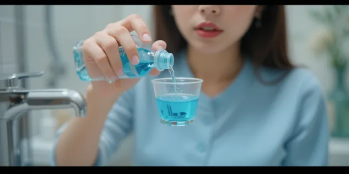 컵에 가그린 따르는 여성의 손