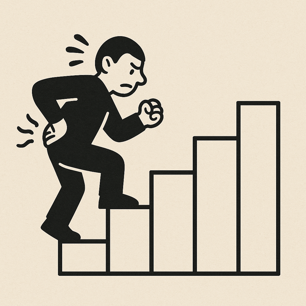 a"허리를 움켜쥐고 힘겹게 계단 모양 그래프를 오르는 사람의 흑백 일러스트, 성장이 고통을 동반하는 과정을 상징"