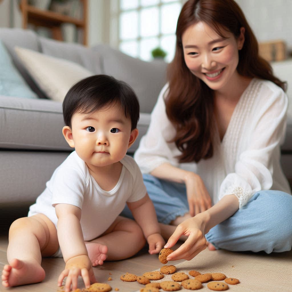 전체 운동 발달로 인해 혼자 앉아있을 수 있으며 미세 운동 발달로 과자를 잡을 수 있는 8개월 아기의 모습