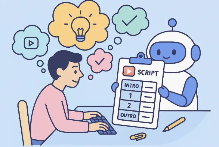 콘텐츠 기획을 돕는 GPT가 유튜브 영상 스크립트를 구조화해주는 모습을 밝고 단순한 일러스트로 표현한 이미지. 한 사람이 아이디어를 생각하며 키보드를 두드리고 있고, GPT는 클립보드에 인트로, 본문, 아웃트로로 구성된 스크립트를 정리해 보여주고 있음. (GPT content planning illustration)