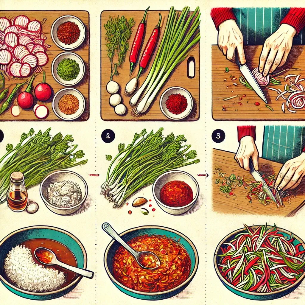 무채와 쪽파를 손질하고 고춧가루 양념을 준비한 후 버무리는 김장속 과정