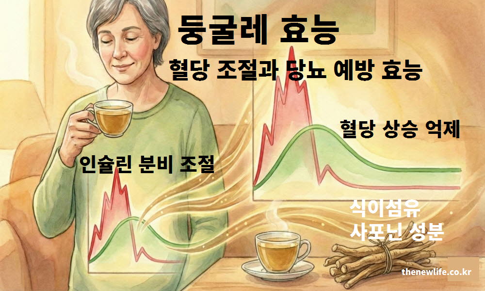 둥굴레 차 효능의 혈당 조절을 돕고 당뇨를 예방하는 원리를 설명하는 이미지