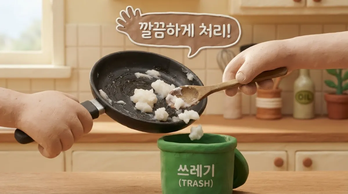 찰흙으로 빚은 손이 나무 주걱으로 프라이팬 바닥의 하얀 굳은 기름을 긁어내 초록색 쓰레기통에 넣는 장면을 그린 아드만 스타일의 클레이 스톱모션 일러스트