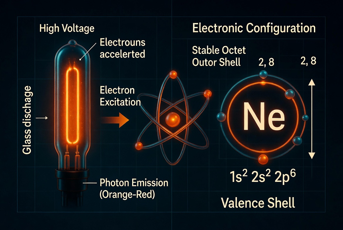 High-end scientific diagram illustrating the luminescence of Neon. Shows a glass discharge tube with neon gas under high voltage, electron excitation, and emission of orange-red photons. Center features the electronic configuration of Neon (Ne) with a stable octet outer shell and a 3D atomic model.