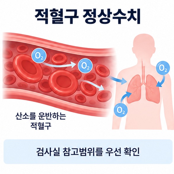 적혈구 정상수치와 성인 남녀 참고범위를 혈액세포 그림과 함께 보여주는 건강검사 이미지