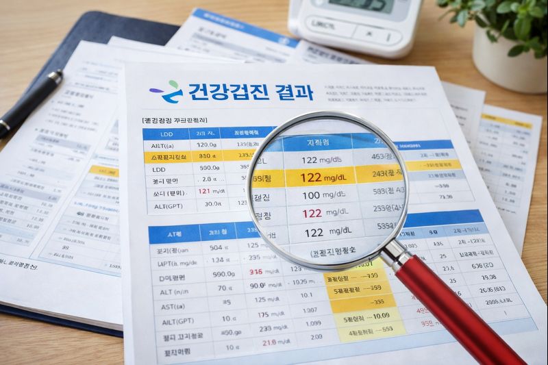 공복혈당 122mg/dL로 당뇨 전단계를 보여주는 건강검진 결과지