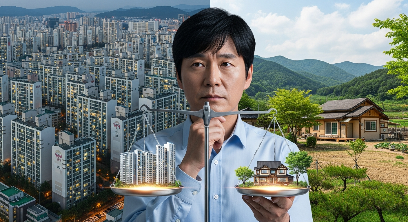 분할 화면 비교: 왼쪽은 밀집된 서울 아파트 단지, 오른쪽은 평화로운 시골 세컨드 하우스. 검은 머리의 젊어 보이는 중년 한국인 남성이 홀로그램 저울을 사용하여 두 가지 옵션을 저울질하고 있다.