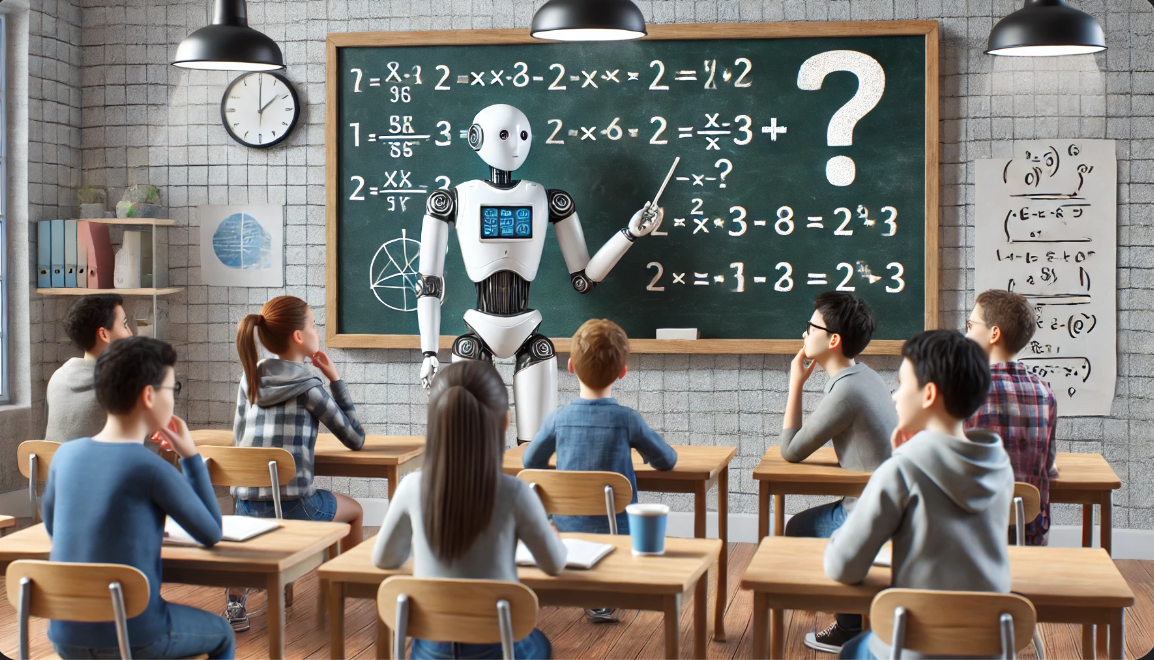 로봇 선생님이 교실에서 수학 문제를 설명하고 있는 모습