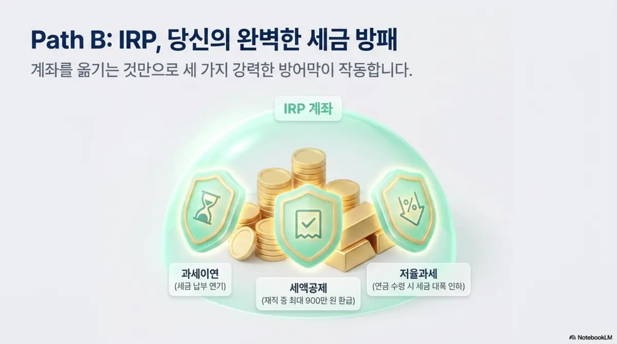 퇴직금 세금: IRP 퇴직금 이체 시 과세이연과 세액공제 그리고 연금 수령 시 저율과세라는 세 가지 세금 방어 혜택을 방패 아이콘으로 표현한 이미지. IRP를 활용한 퇴직금 절세 전략의 핵심 구조를 안내함