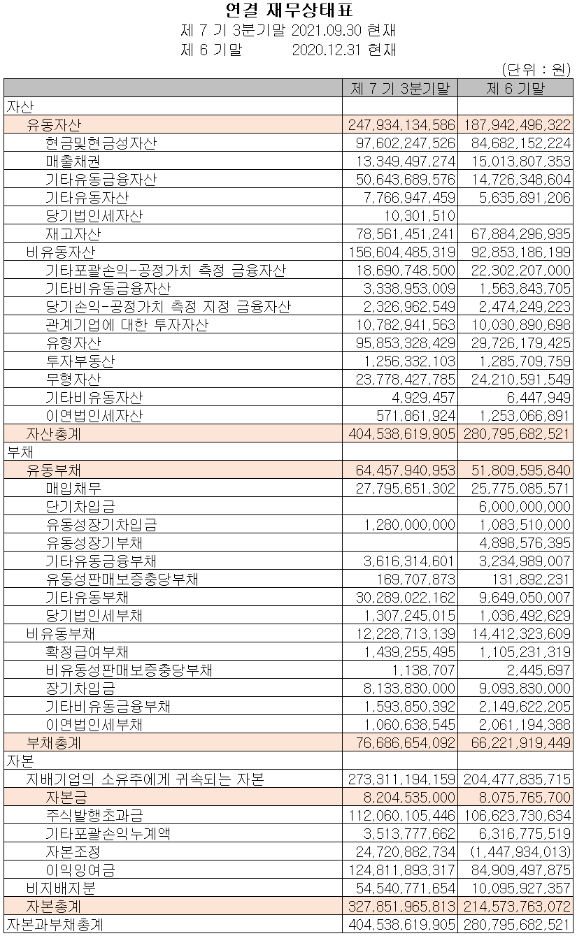 와이아이케이 재무상태표 (2021년 3분기)