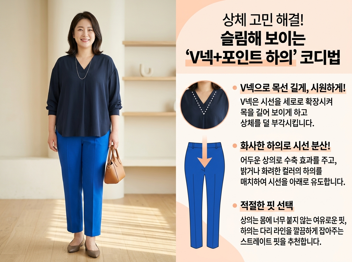 상체비만 체형에 어울리는 V넥 블라우스 + 포인트 하의 코디

내용: V넥으로 목선을 길게, 하의에 포인트 컬러로 시선을 분산. 상체비만 커버의 정석 공식!
