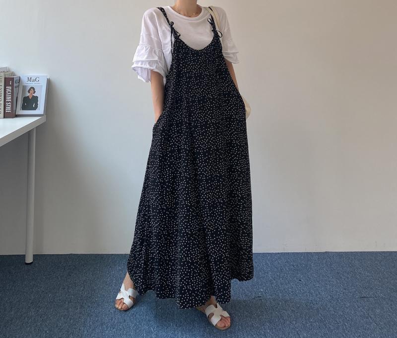여름 도트 와이드 끈멜빵 땡땡이 점프수트