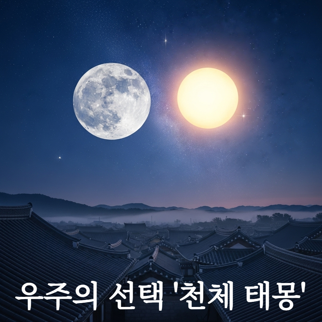 평화로운 한국 전통 마을 위로 거대한 보름달과 눈부신 태양이 신비로운 조화를 이루며 떠오르는 웅장한 일러스트